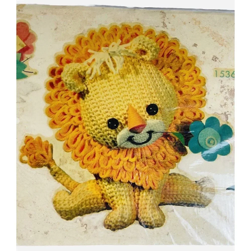 NOS Vintage 1970s Meyercord Decal Crochet Lion Plush Yarn Flowers Kawaii Kitschy